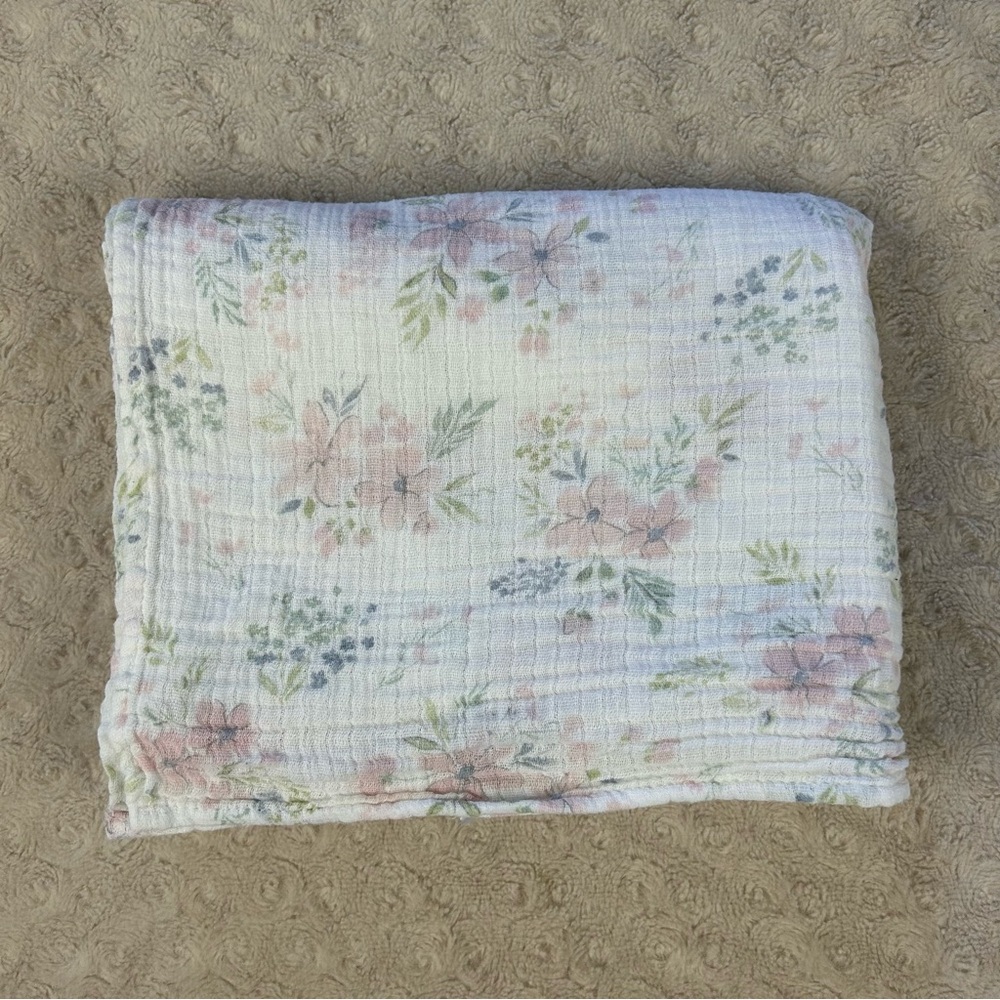 Kyle & Deena Pale Light Pink Floral Baby Swaddle Blanket Blue White Muslin